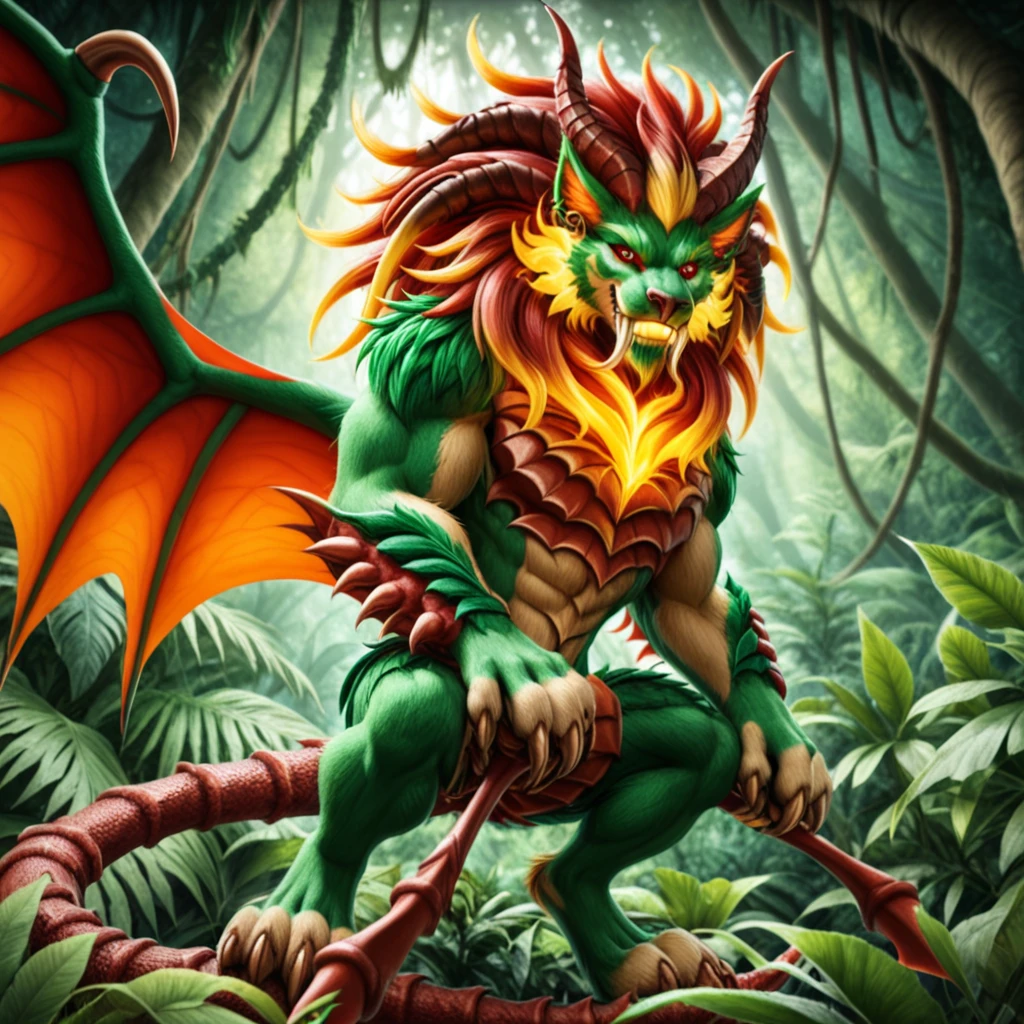 Role-playing game (RPG) style fantasy <lora:manticores- sdxl1.0:1> mantik, manticore, red bat wings, ((scorpion sting)),  bat wings spread wide, scorpion tail, prowling through an overgrown jungle, emerald-green fur with golden highlights, tail sweeping leaves aside, glowing red eyes, shafts of sunlight piercing the canopy, low-angle shot, vibrant natural tones, dynamic and predatory . Detailed, vibrant, immersive, reminiscent of high fantasy RPG games