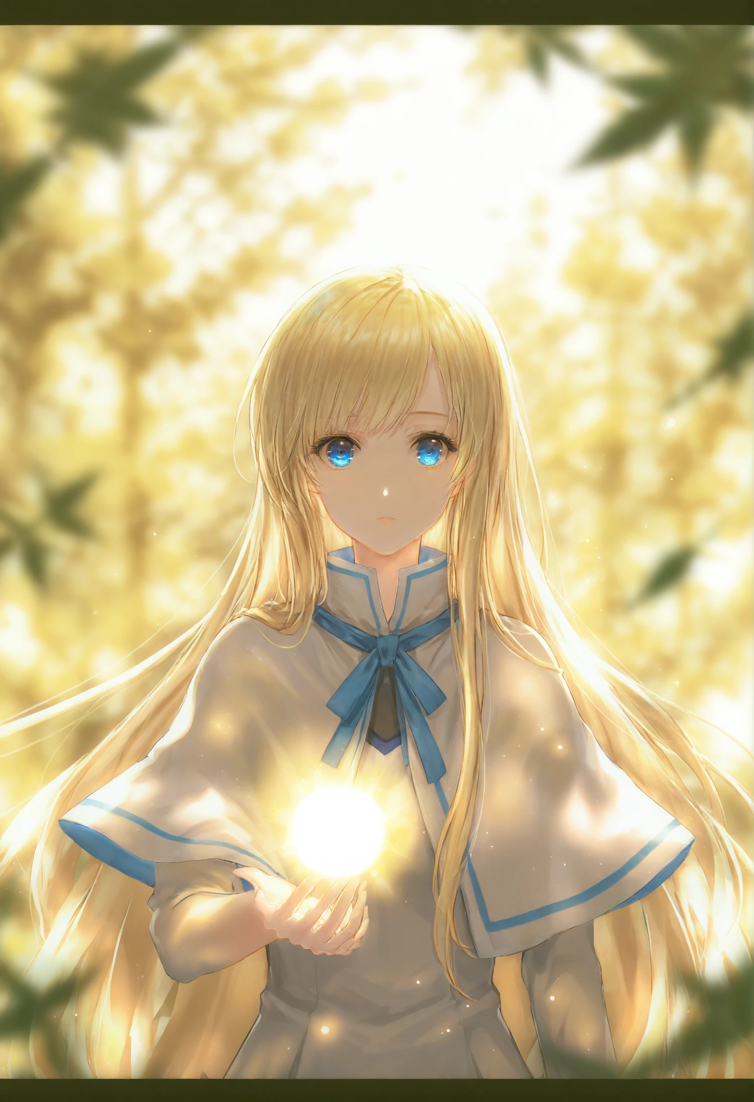 1girl, long hair, solo, blonde hair, capelet, leaf, looking at viewer, letterboxed, glowing, magic, dress, blue eyes, upper body, very long hair, fantasy, yellow theme, light particles 
,best quality,very aesthetic,absurdres
 <lora:æè±lokr_for_illustrious-000145:0.95>