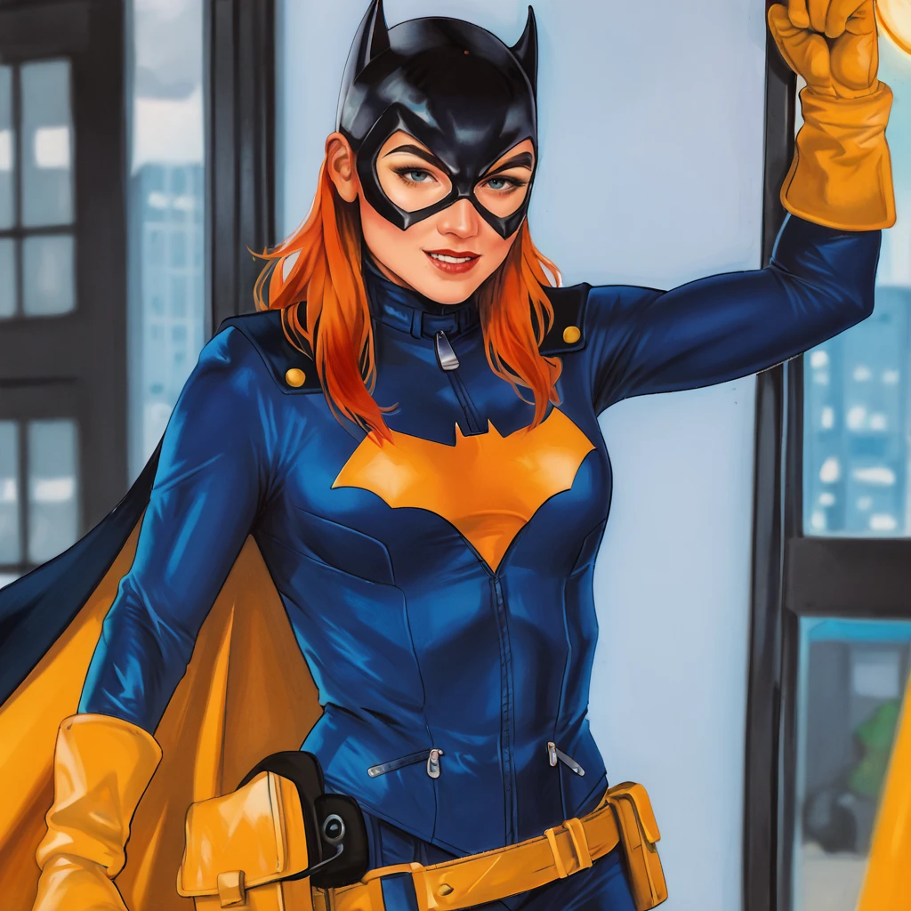 <lora:bylayne_pony_v1:1> score_9, bylayne_style, bylayne, source_artwork  <lora:batgirlburnside_pony_v1:0.8> BatgirlBurnside, 1girl, cape, domino mask, bodysuit, gloves, superhero, orange hair, cowboy shot