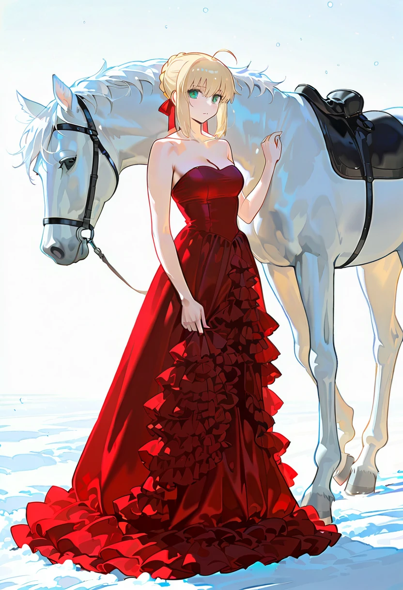 1girl,solo,looking at viewer, echo (circa),ft gown, red dress, fur trim, strapless, frills, saber_(fate),horse, snow