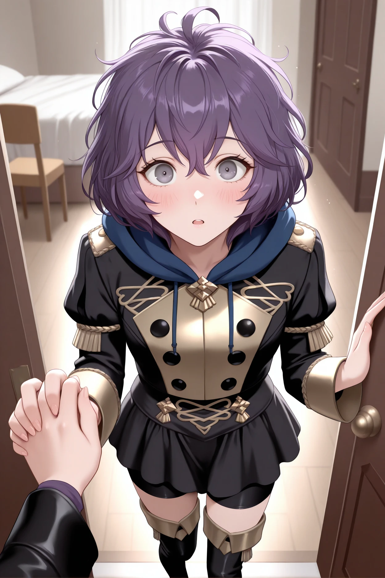 masterpiece, best quality, 1girl, solo, <lora:febernadetta-illu-nvwls-v1-000006:1> dfbndta, purple hair, messy hair, hair between eyes, grey eyes, black jacket, blue hood, hood down, black buttons, black skirt, shorts under skirt, black boots, thigh boots, looking at viewer, blush, surprised, holding hands, pov hand, doorway, bedroom, desk, chair, bed