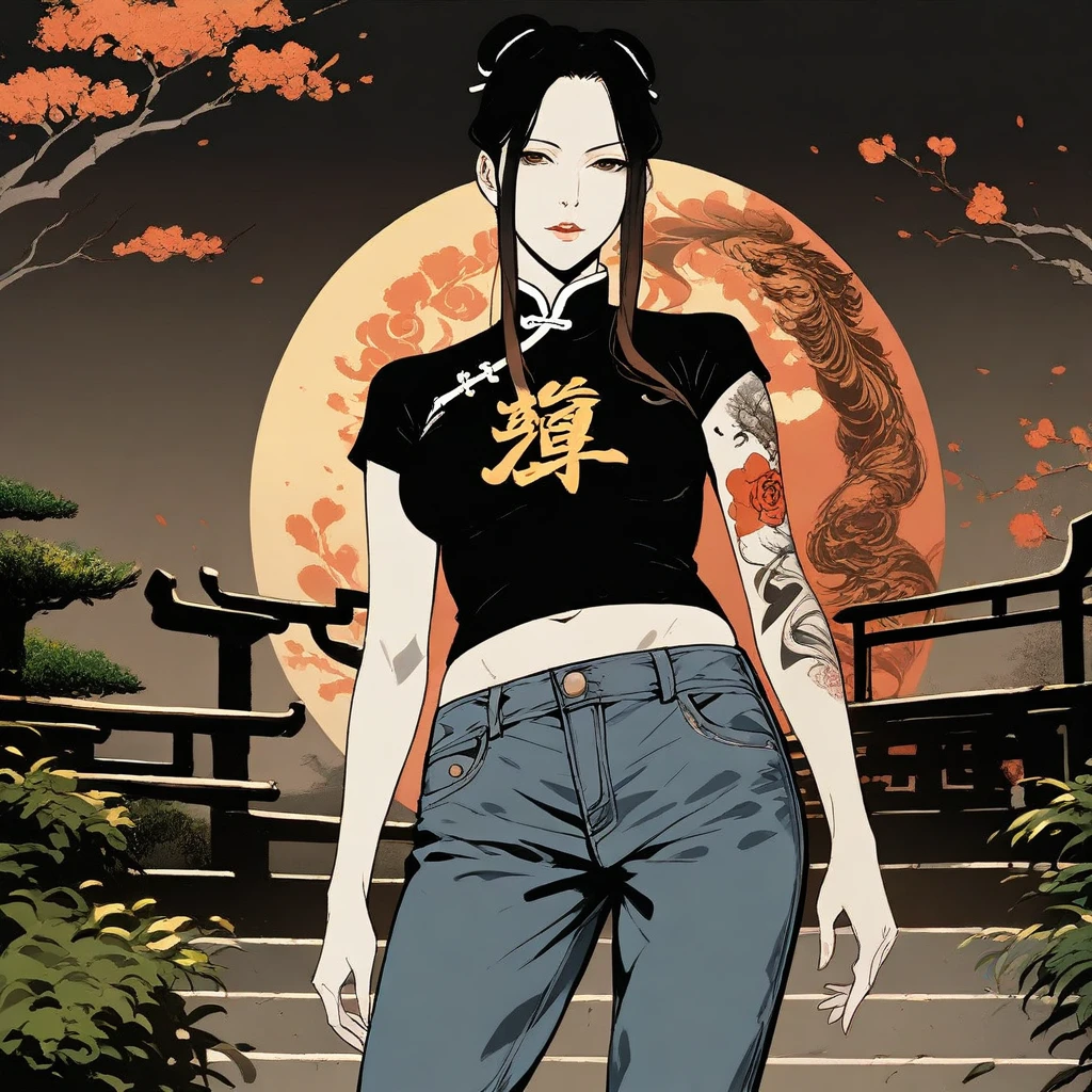 score_9, score_8_up, score_7_up, score_6_up, source_anime, flat color, dark theme, 1woman, mature woman, chinese woman, Very long black hair, brown gradient hair, high hair bun, brown eyes, asian eyes, pale skin, medium breasts, full right arm tattoo, big back tattoo, Chinese, denim pants, off shouders t-shirt, belly exposed, chinese garden, outdoors,