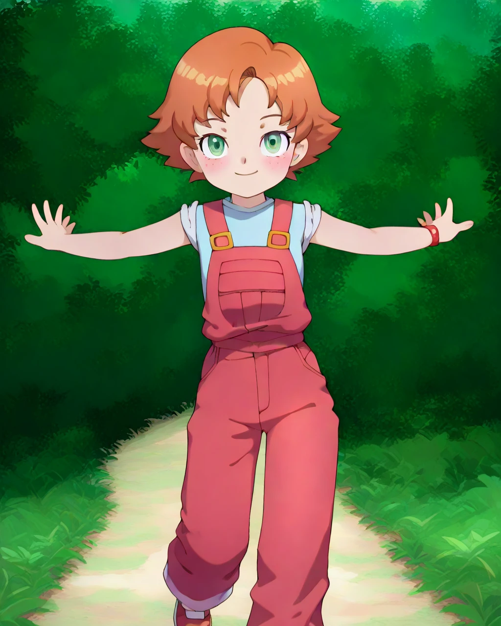 masterpiece, best quality, tsubasachyan, 1girl, solo, sxfrances, blue shirt, sleeveless, orange overalls, long pants, smile, blush, outstretched arms, looking at viewer, walking, cowboy shot, forest