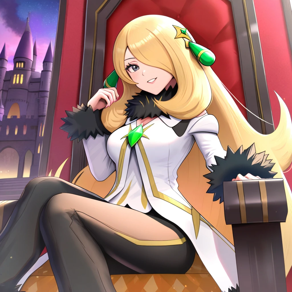 [hinosaki, gonzarez, leveen], (1girl), solo, sitting, on_throne, castle, smile,
arccynthia, [[cynthia_\(pokemon\)]], very_long_hair, blonde_hair, hair_over_one_eye, grey_eyes, emerald_hair_ornament, deatached_sleeves, fur-trimmed_sleeves, white_coat, fur-trimmed_coat, black_fur_trim white_sleeves, fur_collar, black_pants, shoes, black_footwear, official_alternate_costume, medium_breasts, masterpiece,amazing quality, very aesthetic, high resolution ,ultra-detailed, absurdres, newest