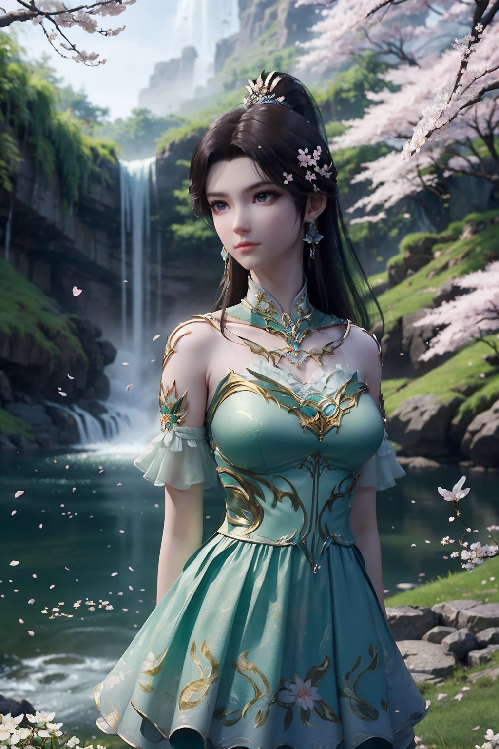 (medium shot),1girl,solo,closed mouth,ponytail,hair ornament,earrings,jewelry,detached collar,clothing cutout,green dress,arms behind back,(looking at viewer),outdoors,nature,(waterfall:1.3),(cherry blossoms:1.2,falling petals:1.3),depth of field,Highly detailed,(best quality:1.5,masterpiece:1.5),<lora:xiaoxuner:0.85>,xuner,