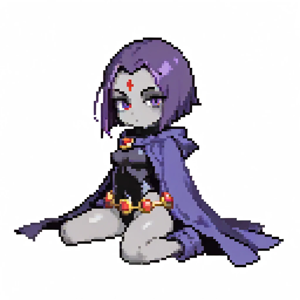 pixel art, chibi,
1girl, raven \(dc\), cloak, grey skin, thighs, hood down, black leotard, long sleeves, purple hair, belt, 
wariza, sitting,
solo, full body, looking at viewer,
(white background, simple background:1.3),  <lora:ElinSpriteNoobLocon_byKonan:1>