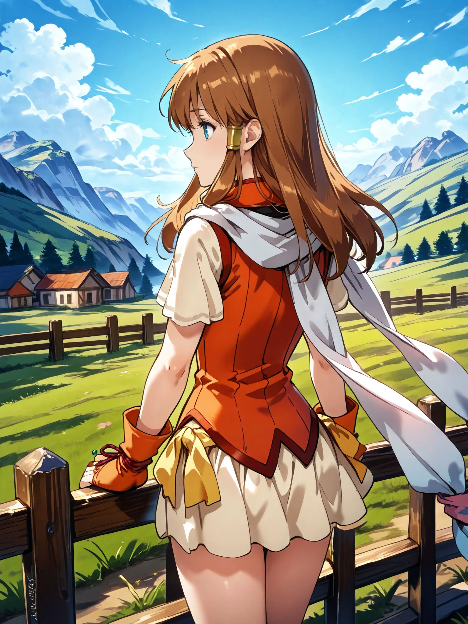 masterpiece,best_quality,1girl,solo,<lora:mist ferd_illustriousXL:0.8>,mist ferd,scarf,pendant,fingerless gloves,shirt,skirt,cowboy shot,expressionless,grass,blue sky,hands on fence,wooden fence,from behind,looking at another,