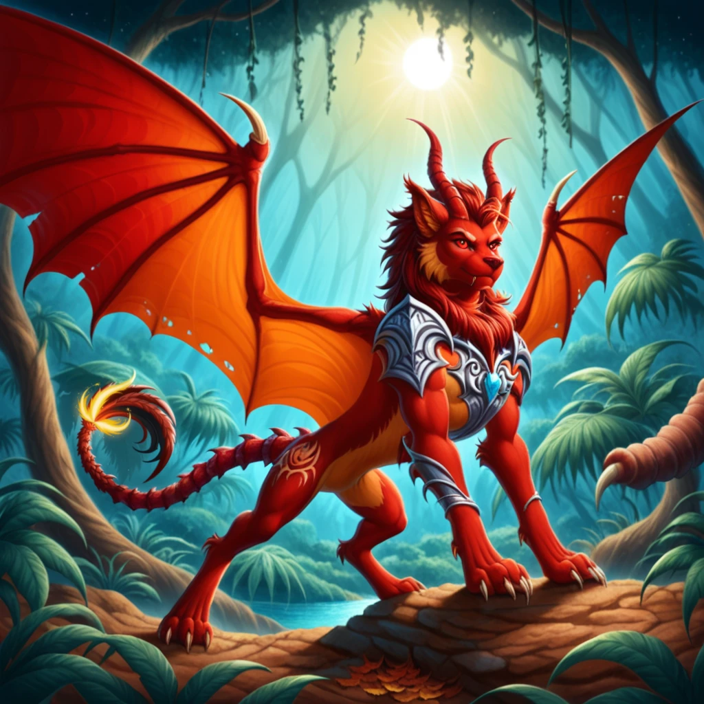 ethereal fantasy concept art of  <lora:manticores- sdxl1.0:1> mantik, manticore, red bat wings, ((scorpion sting)),  bat wings spread wide, scorpion tail, prowling through an overgrown jungle, red-ruby fur with golden highlights, tail sweeping leaves aside, glowing red eyes, shafts of sunlight piercing the canopy, low-angle shot, vibrant natural tones, dynamic and predatory . magnificent, celestial, ethereal, painterly, epic, majestic, magical, fantasy art, cover art, dreamy