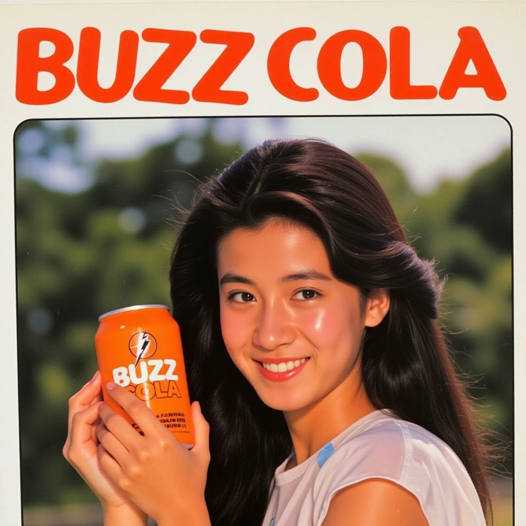 1980s-style poster featuring an analog photograph of a Japanese woman with long dark hair, smiling outdoors. She is holding an orange soda can with the words "BUZZ COLA" in a bold, stylized font and a thunderbolt logo. The light is soft and natural, enhancing the nostalgic atmosphere. The top of the poster features the text "BUZZ COLA" prominently.