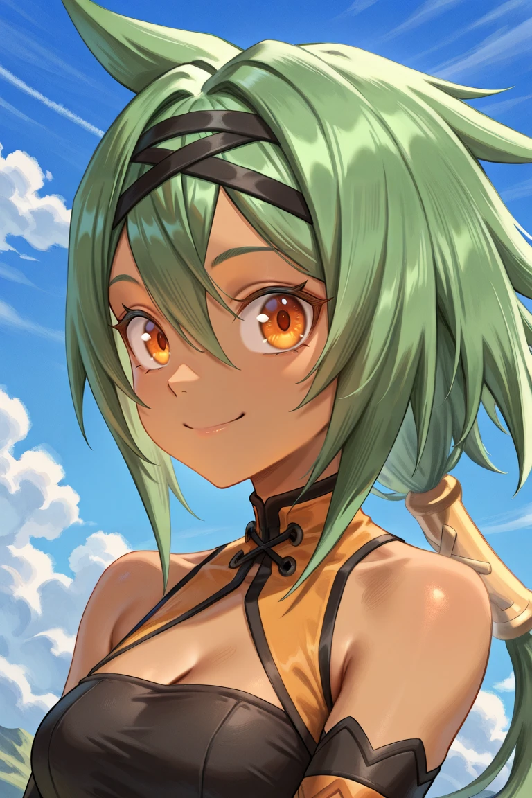 <lora:KylierIL:0.85> , kylierdef, 1girl, dark skin, green hair, low-tied long hair, long hair, orange eyes, bare shoulders, black tube top, arm warmers, black arm warmers, (turtleneck shirt), sleeveless turtleneck, ((face, close-up)), portrait, smile, looking at viewer, daytime, exterior, blue sky, clouds, cleavage, masterpiece, very aesthetic, absurdres, best quality, amazing quality, high resolution, <lora:illustrious_quality_modifiers_masterpieces_v1:0.8> , <lora:ChamIllustriousBackgroundEnhancer:0.5>,