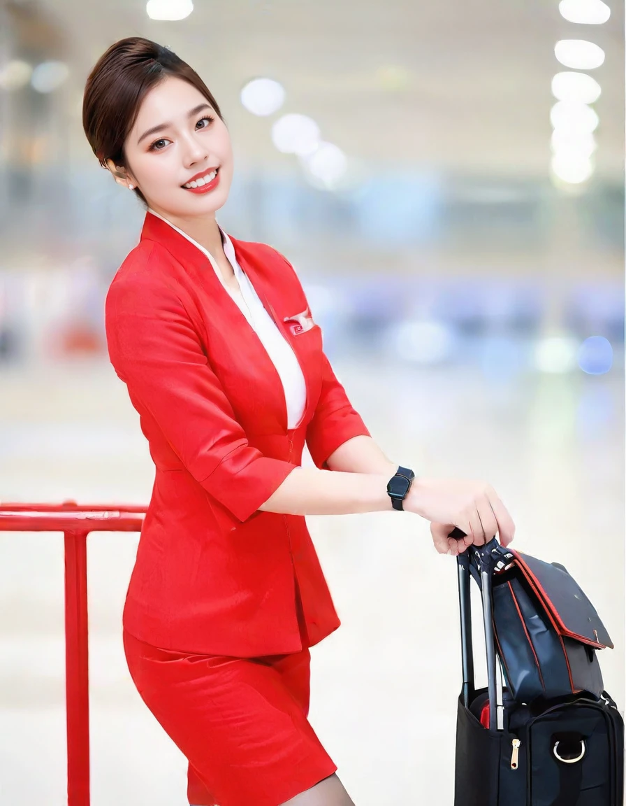 score_9, score_8_up, score_7_up, highly detailed, high contrast, film grain, Rim Lighting, detailed face, 
AirAsia_uniform, red suit, AirAsia_uniform, 1girl, blurry background, bag, blurry, solo, brown hair, smile, pantyhose, short hair, red lips, lipstick, holding bag, asian, watch, holding, looking at viewer, grin, shirt, makeup, standing, depth of field, jewelry, realistic, handbag, parted lips, brown eyes, see-through legwear, in-flight <lora:PonyReal_AirAsia_uniform_V1-000022:1>