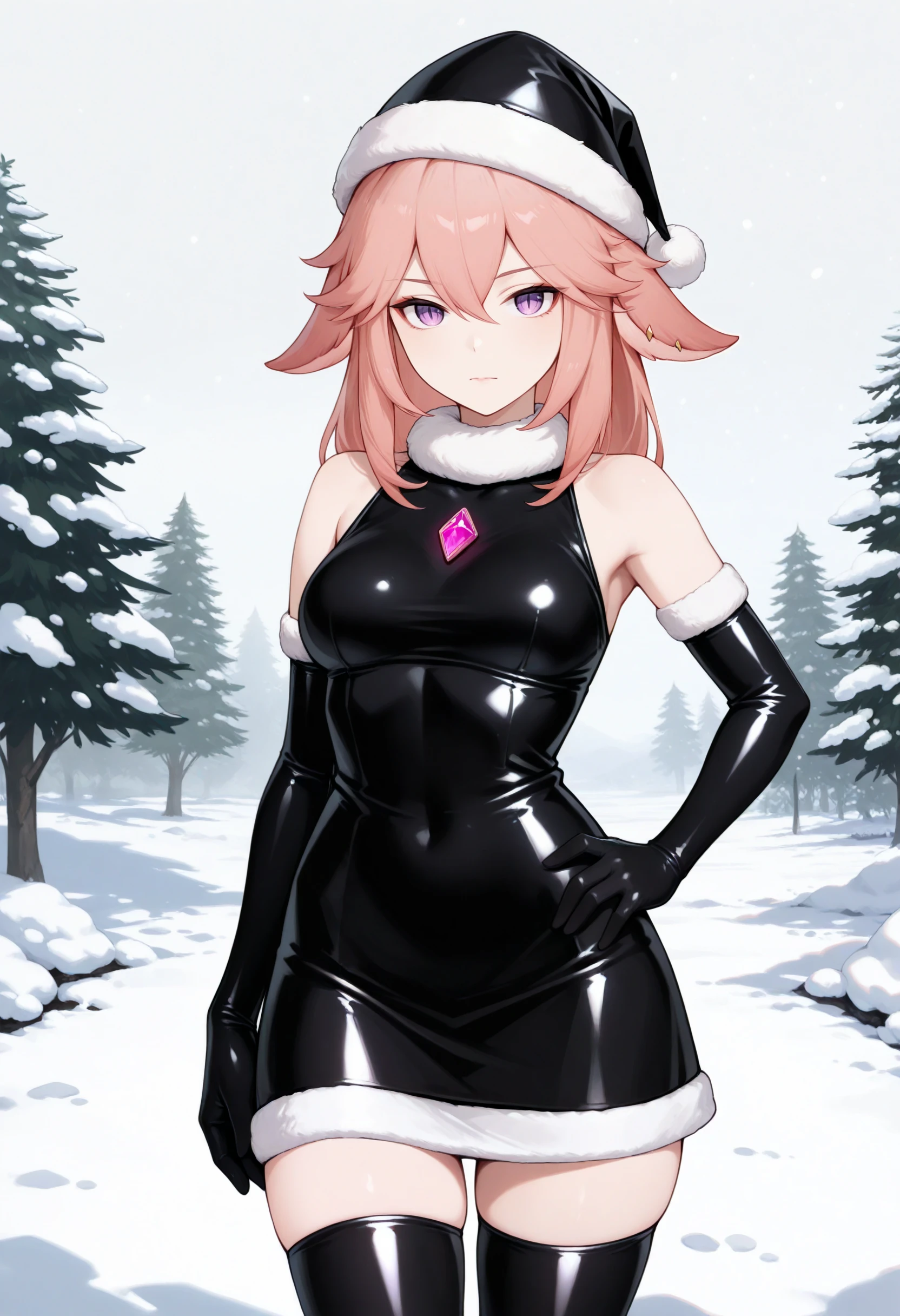 best quality, masterpiece \(quality\),
(yae miko:0.8), medium hair, 
serious, closed mouth, slit pupils, 
1girl, solo,
black latex, sleeveless dress, santa hat, santa costume, thighhighs, elbow gloves, chest jewel, pink gemstone,
standing, cowboy shot, hand on own hip, 
outdoors, snow, 
 <lora:latex-fantasy-noobvpred-v15mk2-step10560-rank256:0.8>