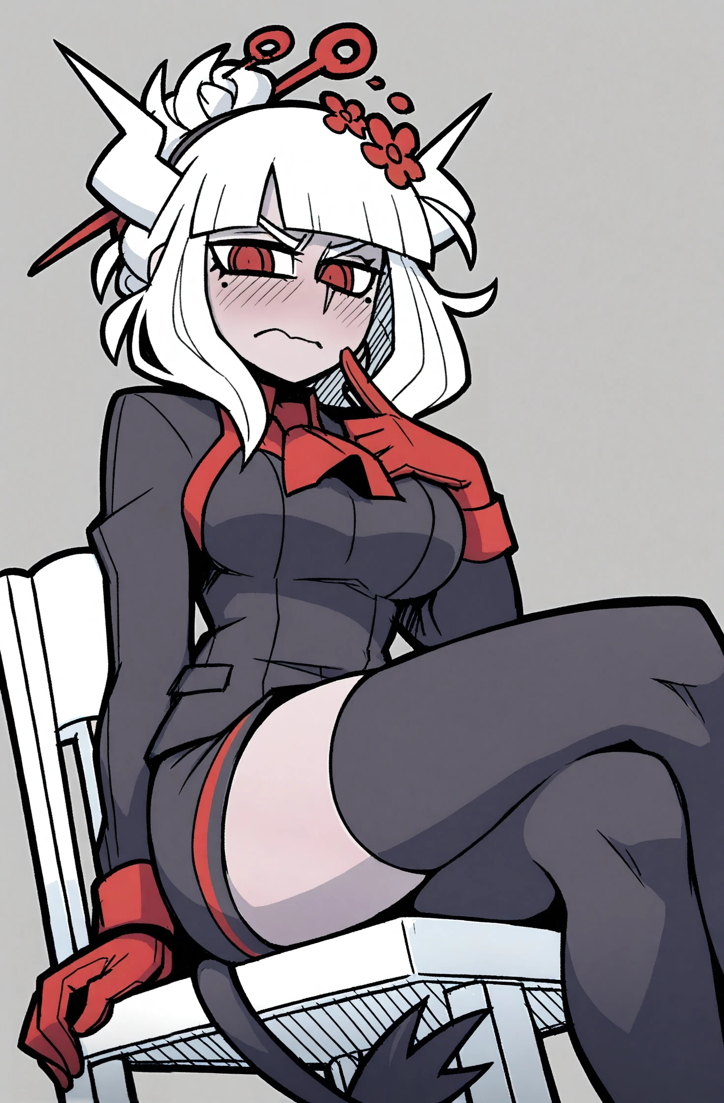((Absol)), anthropomorphic, big boobs, big ass, pokemorph, (((1girl))), (((red dress shirt))), (black vest), cute and sexy, (black skirt), (black low heels), slender, white skin, long legs, smiling