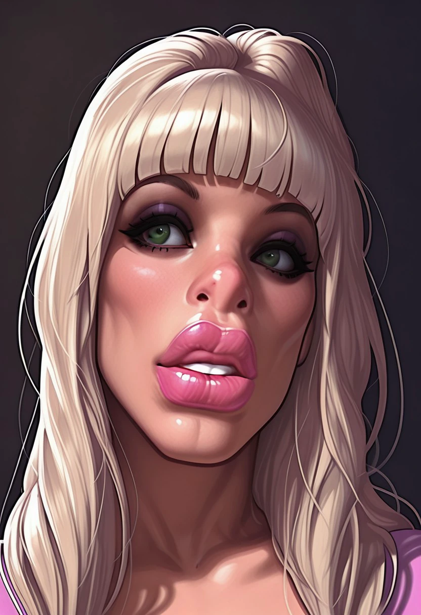 aoj_sr, photorealistic,solo shot, simple background, volumetric lighting, head tilt, puffy lips, curious, detailed face, C1ub51ut, green eyes, blunt bangs, platinum blonde, dumb,