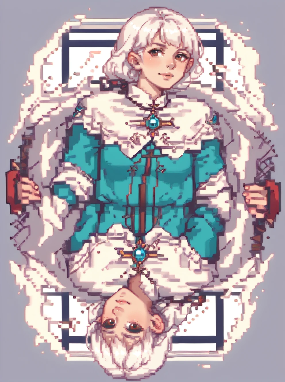 symmetry,white background,1girl,solo,<lora:ameliancev5:1>,ameliance,ameliancedress,teal dress,white capelet,white hair,brown eyes,bangs,pixel art,<lora:balatropony2:1>, score_8_up,score_7_up,score_6_up,score_5_up,score_4_up,