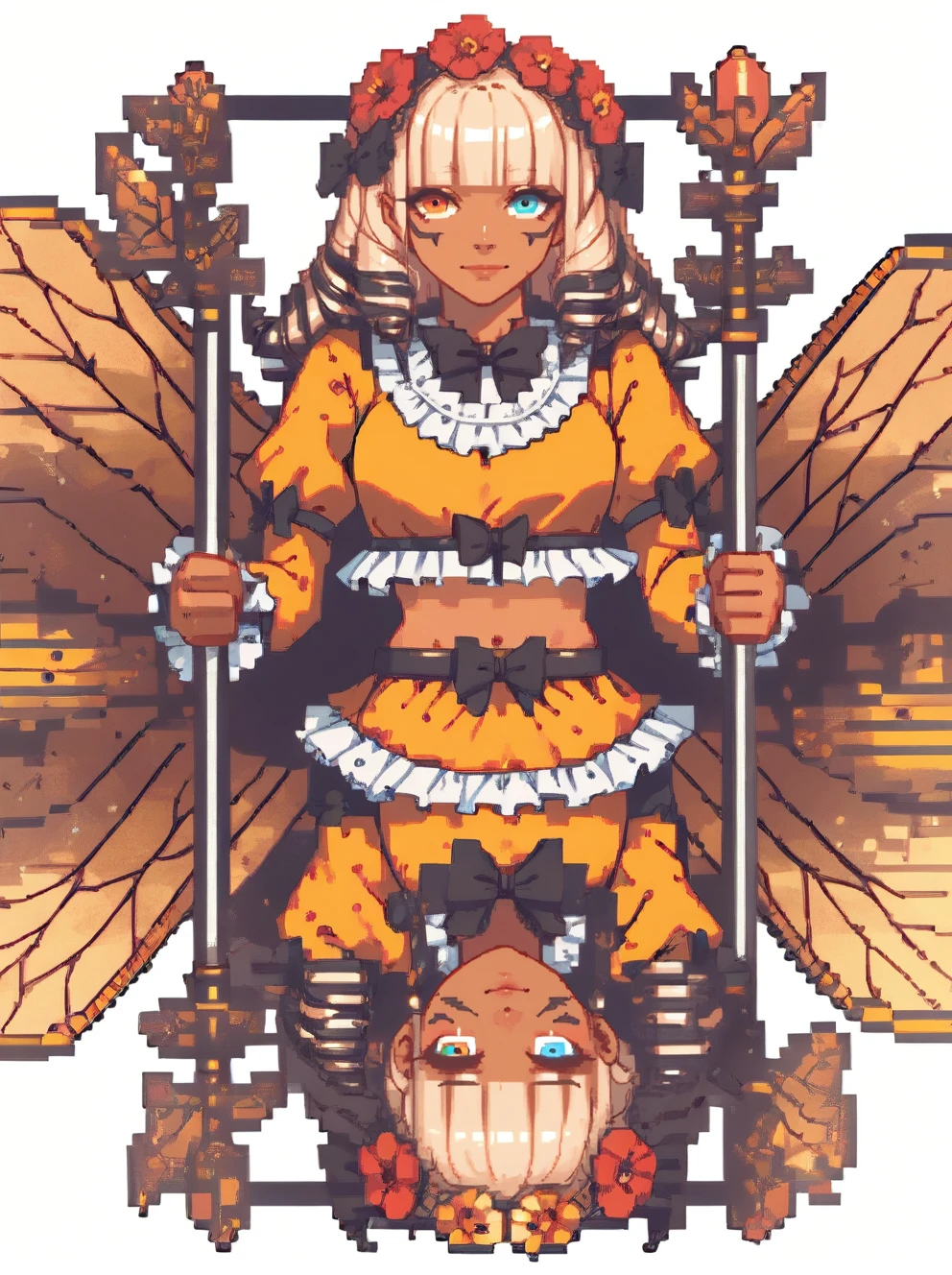 symmetry,white background,<lora:honeybv3:0.7>,1girl,solo,hnyb,drill hair,tan,blunt bangs,facial mark,hair ornament,hair flower,heterochromia,yellow frilled dress,wings,bow,puffy sleeves,midriff,polearm,<lora:balatropony2:1>,pixel art, score_8_up,score_7_up,score_6_up,score_5_up,score_4_up,