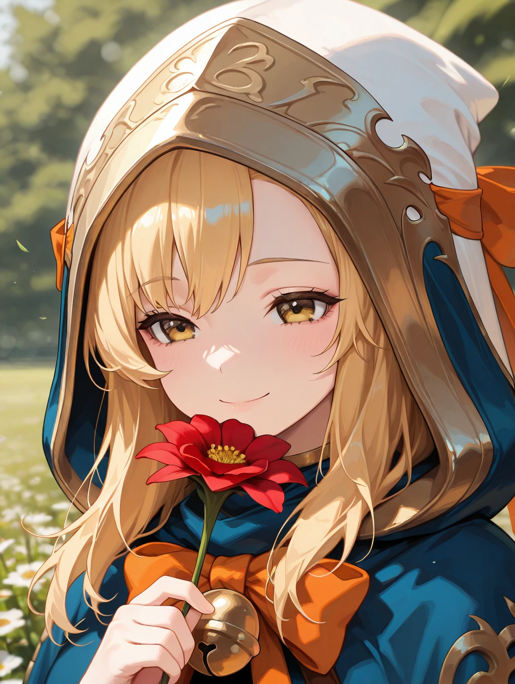 bari, 1girl, solo, long hair, smile, blonde hair, bow, holding, closed mouth, yellow eyes, flower, hood, bell, red flower, portrait, holding flower



masterpiece, best quality,amazing quality, very aesthetic, absurdres, depth of field, blurry background, extremely detailed face, detailed eyes