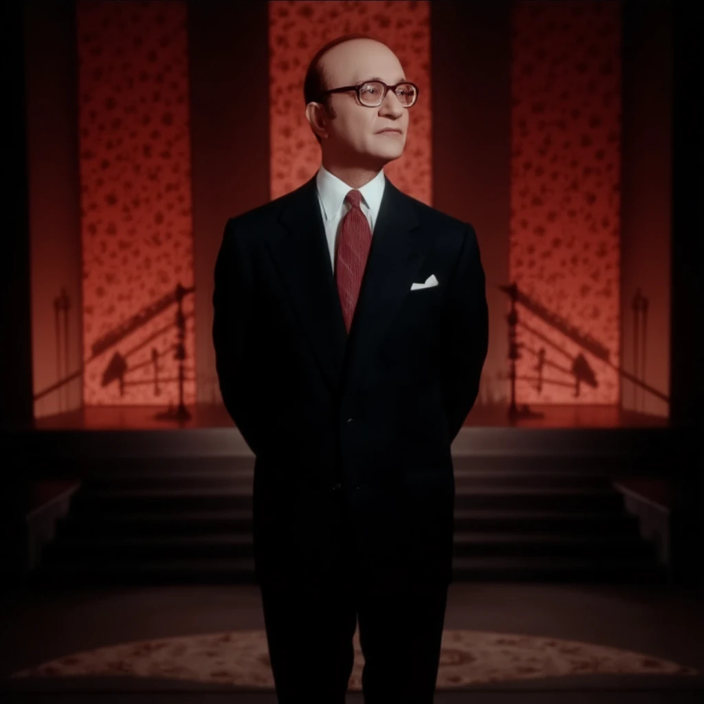 cinematic film still of  <lora:Abdelwehab v2:1>
 <lora:Mohammed Abdel Wahab v1:0.1>
1960's warm color style Mohammed Abdel Wahab a eyeglasses man in a suit standing in front of a stage, Mehammad Abdelwehab style, shirt, standing, jacket, white shirt, necktie, glasses, collared shirt, pants, black jacket, black pants, formal, suit, black necktie, stairs, bald, solo, hands in pockets, arms behind back, black suit, shallow depth of field, vignette, highly detailed, high budget, bokeh, cinemascope, moody, epic, gorgeous, film grain, grainy