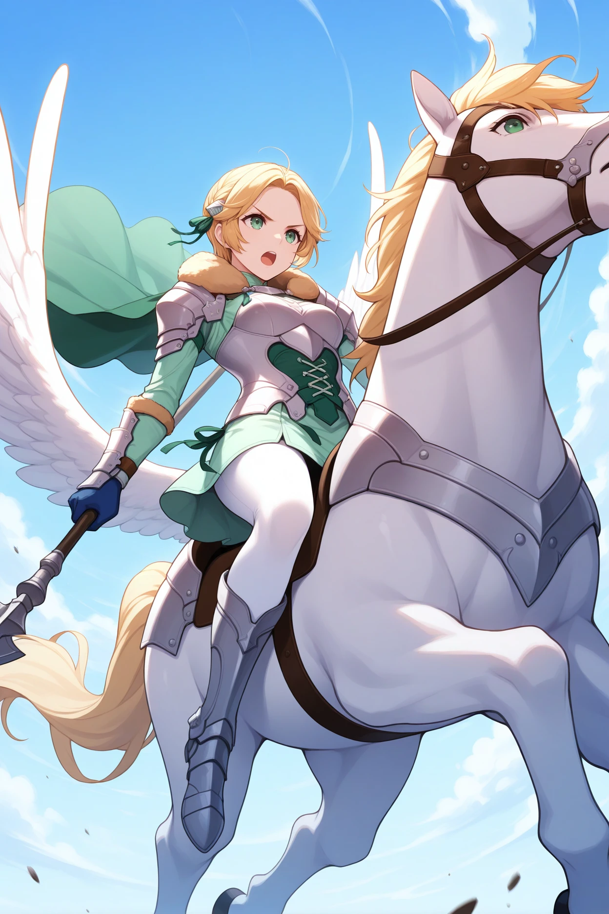 masterpiece, best quality, 1girl, solo, <lora:feingrid-illu-nvwls-v1-000005:1> waring, blonde hair, short hair, hair ribbon, green eyes, armored dress, green cape, fur trim, shoulder armor, green dress, short dress, underbust, long sleeves, bracers, blue gloves, white pantyhose, armored boots, riding pegasus, white pegasus, serious, holding spear, open mouth, blue sky, clouds, blue background, midair, dynamic pose, from below, wide shot, full body