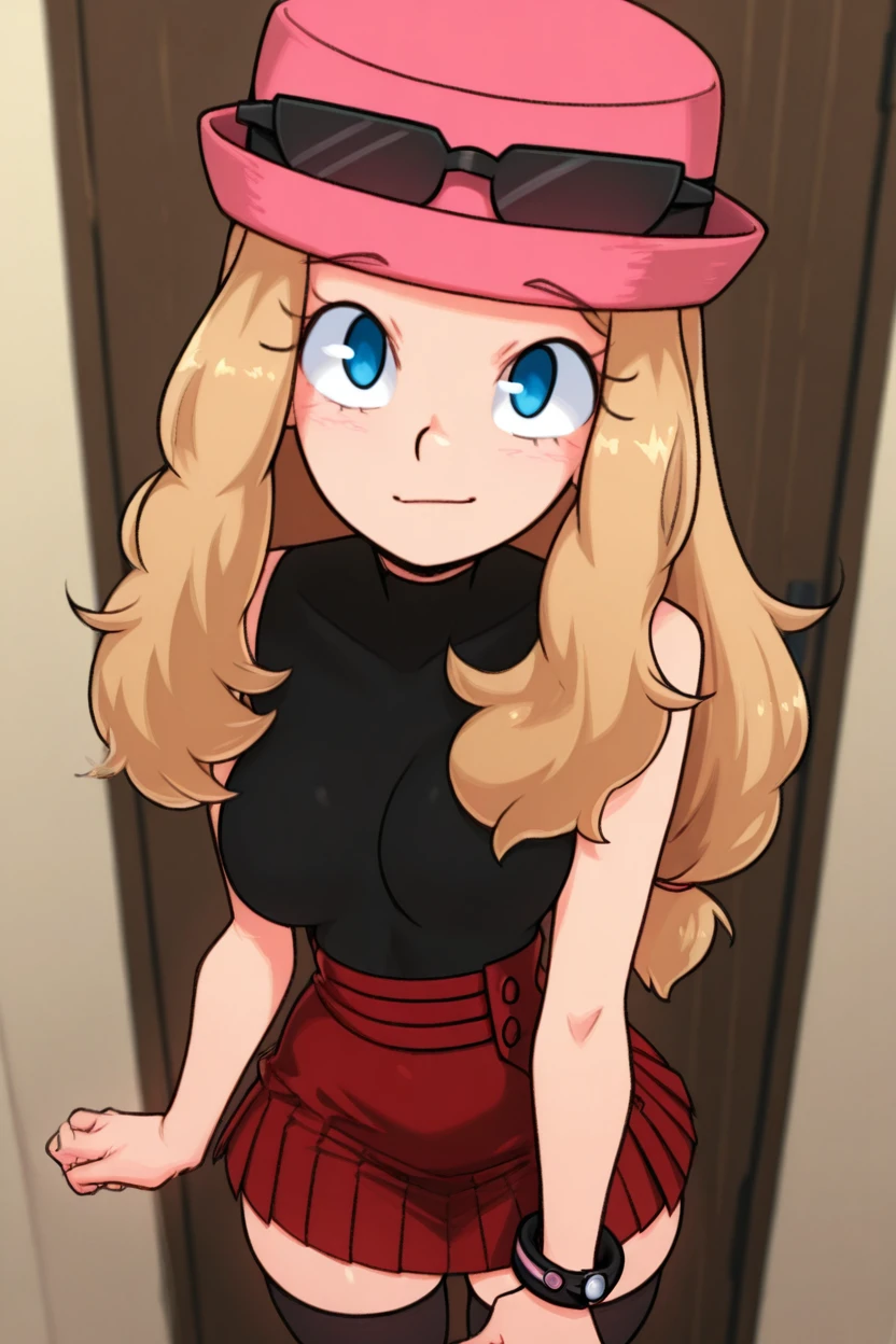 masterpiece, best quality, 1girl, solo, beautiful eyes, zzSerena, solo, long hair, blue eyes, eyewear on headwear, pink headwear, eyelashes, sleeveless shirt, black shirt, bracelet, high-waist skirt, red skirt, black thighhighs,  <lora:SerenaPokemonIXL_v2:1.0>,   <lora:TobiaswhellerIXL:1.3>, from above, dynamic pose, cowboy shot, smile, looking at viewer, shiny skin,