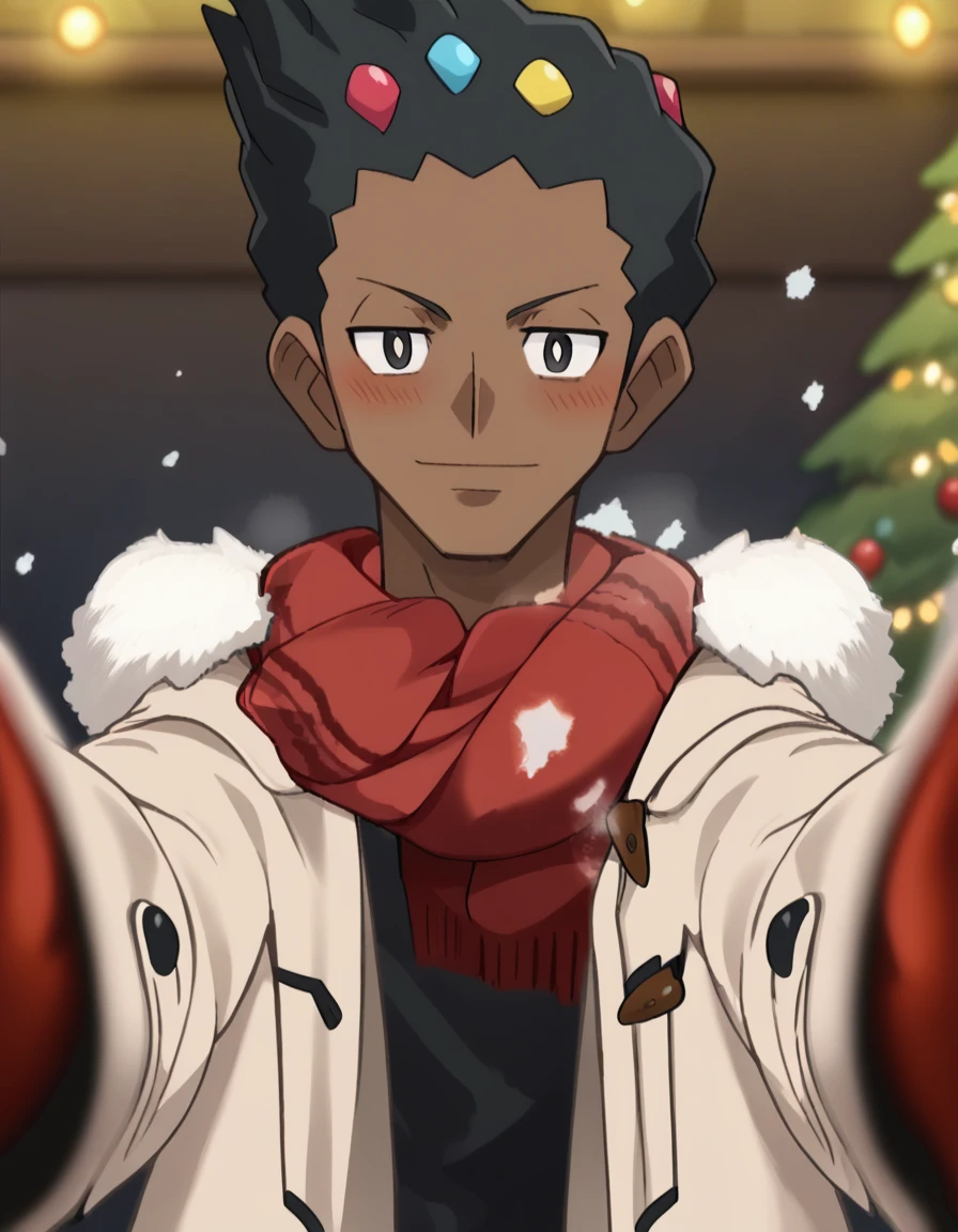 score_9, score_8_up, score_7_up, source_anime, <lora:pokemon-grant-anime-ponyxl-lora-nochekaiser:1>, grant, male focus, dark skin, dark-skinned male, short hair, bright pupils, black eyes, white pupils, anime screencap, <lora:pov-cheek-warming-ponyxl-lora-nochekaiser:1>, pov cheek warming, pov cheek warming (meme), winter gloves, duffel coat, fur-trimmed scarf, winter clothes, red mittens, meme, winter coat, red scarf, fur-trimmed coat, reaching towards viewer, reaching, mittens, fur-trimmed hood, white coat, open coat, scarf, coat, red gloves, snowing, pov, fur trim, depth of field, smile, blush,, christmas, christmas tree, christmas lights,, , dutch angle, cowboy shot