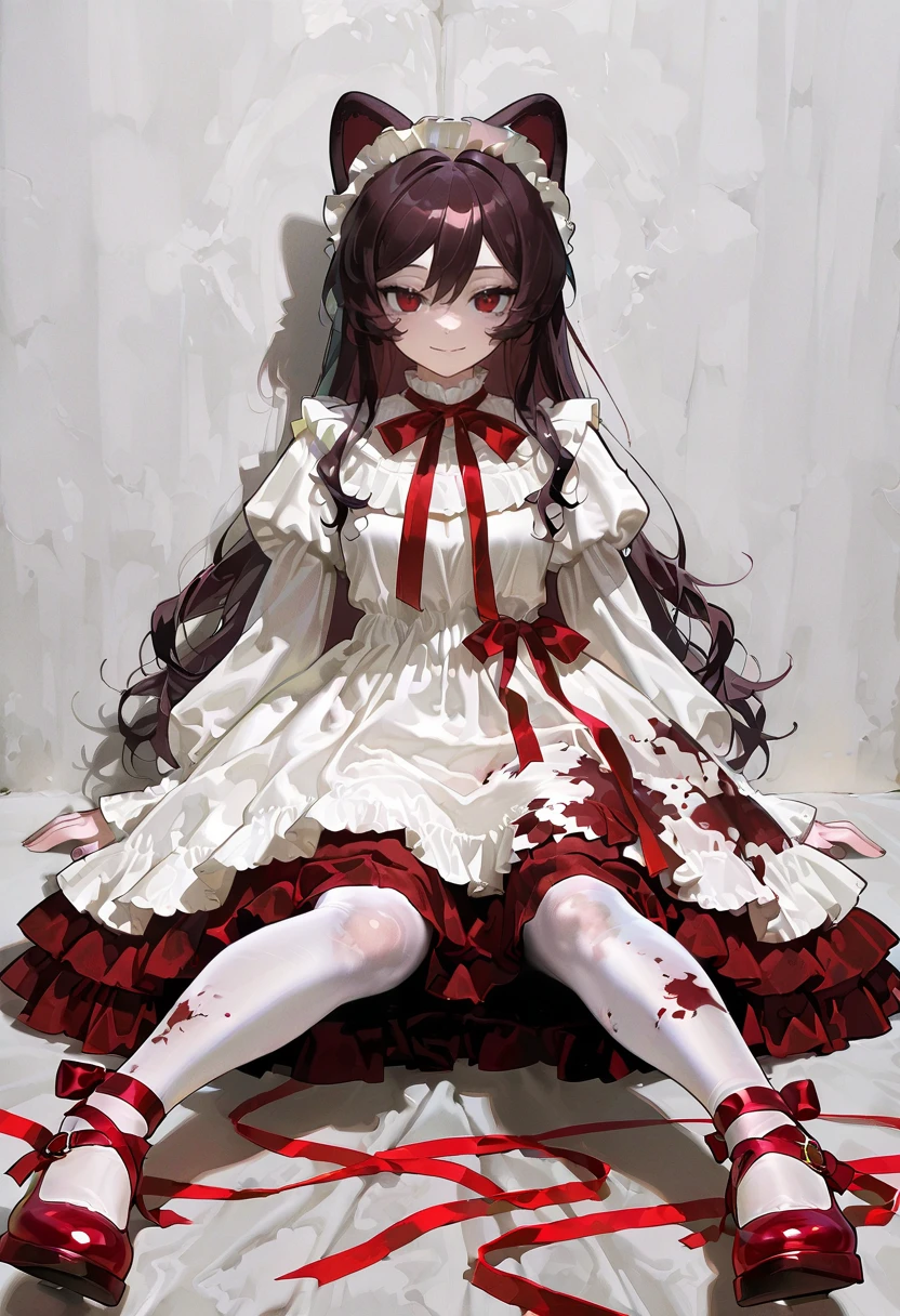 1girl,solo,looking at viewer, echo (circa), rc dress, red footwear, blood on clothes, white dress, long sleeves, red dress, bow, white pantyhose, red ribbon, fukawa_toko, sitting, smile