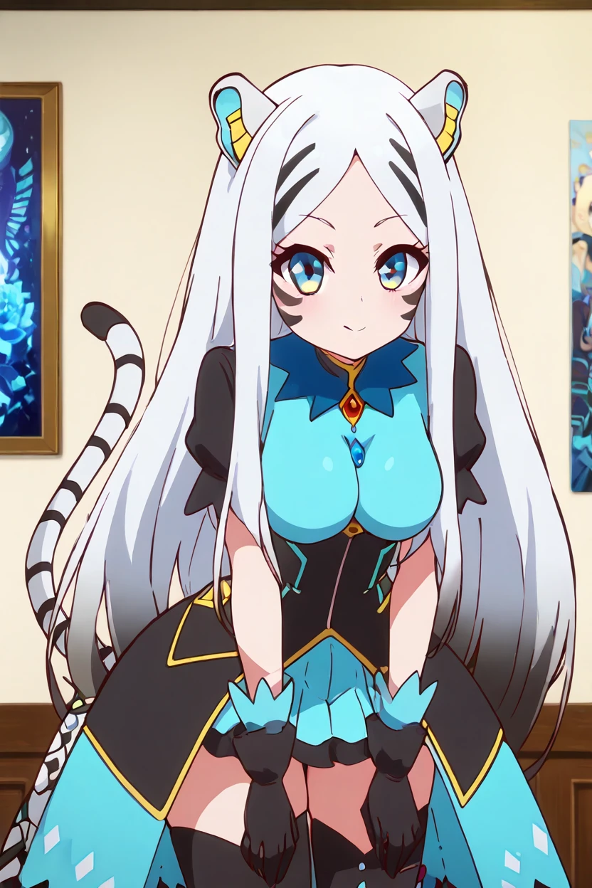 masterpiece, best quality, solo, curvy, beautiful eyes,zzHundreko, blue eyes, white hair, black hair, hair ornament, long hair, multicolored hair, two-tone hair, animal ears, parted bangs, facial mark, tiger ears,   tail, short sleeves, black gloves, puffy sleeves, black thighhighs, indoors, black dress, puffy short sleeves, mechanical tail,   black footwear, streaked hair, gradient hair, blue dress, thigh boots, high heel boots, tiger tail, tiger girl,  <lora:Hundreko_ShowByRock_IXL:1.0>, , cowboy shot, leaning forward, smile, looking at viewer, shiny skin,<lora:DiivesIXL:1.0>,