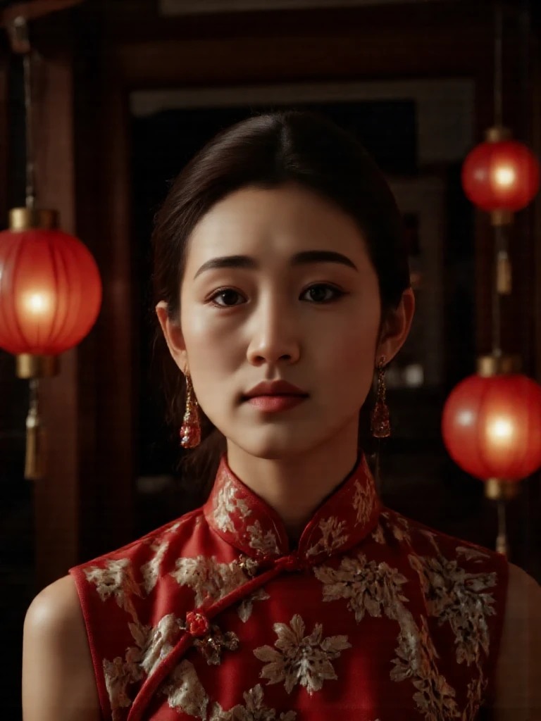 cinematic film still of There are wonderful studio lights and various reflections,
her thin face is very delicate,(her waist is very thin :1.1),skin naturally showing the texture of blood vessels,detailed pale skin,
18yo beautiful cute chinese girl with blushing,(portrait:1.2),
<lora:gongli_a_f1_rank2_bf16:0.96>,
<lora:Xuer_inspiration:0.8>,--,
<lora:cheongsam_f1_rank4_bf16:1>,gong li wearing red cheongsam with floral print,
--,
This is a scene from the movie Raise the Red Lantern. She stands dignifiedly in an ancient Chinese house with a sad expression,and the red lanterns hanging on the eaves seem to tell a sad story.,dark night,, shallow depth of field, vignette, highly detailed, high budget, bokeh, cinemascope, moody, epic, gorgeous, film grain, grainy