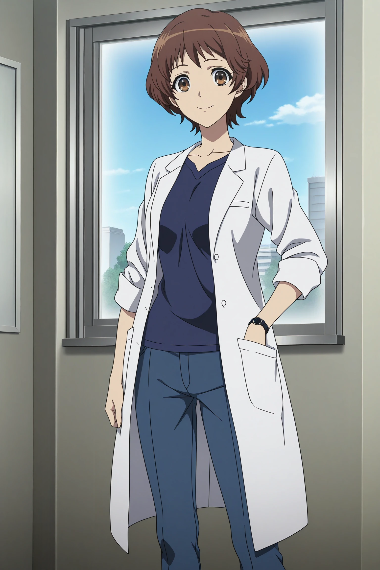 masterpiece, best quality, amazing quality, highres, absurdres, very aesthetic, high resolution, ultra detailed, perfect details, 1girl, solo, indoors, hospital, day, blue sky, window, mizuno sanae, brown hair, short hair, brown eyes, wristwatch, sandals, blue shirt, blue pants, lab coat, <lora:Sanae_Mizuno_ILXL:0.8>, (aged up:1.4), (feet out of frame:1.2), (anime coloring:1.2), (anime screencap:1.2), smile, (pose:1.2), looking at viewer