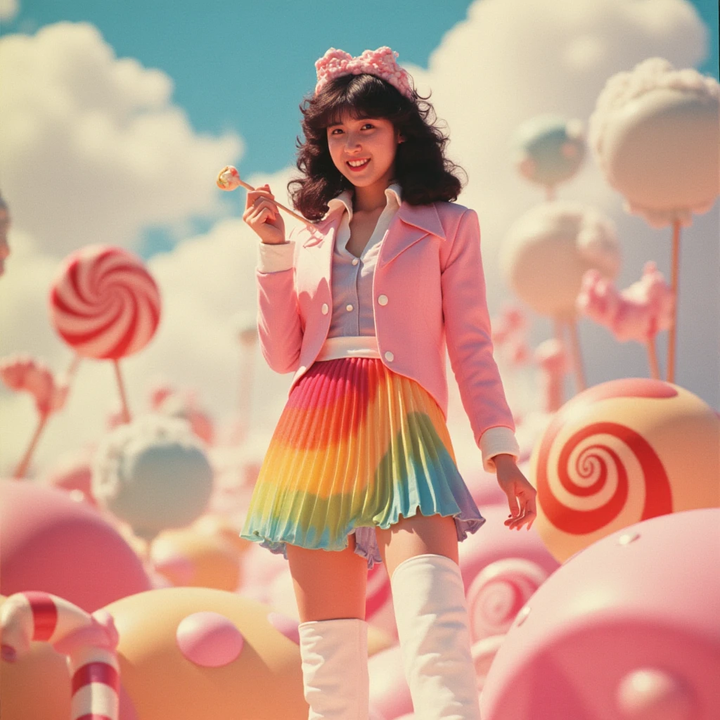 1980s poster, vintage analog photography, a woman standing in a vibrant candyland landscape. She is dressed in a playful, colorful outfit with a pastel pink jacket, a pleated skirt in rainbow hues, and white knee-high boots. Her hair is styled in voluminous curls, accessorized with a headband resembling candy sprinkles. The environment is filled with oversized lollipops, candy canes, and gumdrop-like hills under a soft, dreamy sky with cotton-candy clouds. The lighting is bright and whimsical, casting a magical glow over the scene. The woman smiles as she holds a swirl lollipop, blending perfectly into the fantastical setting. The woman has dark hair, and the image has 1980s aesthetics.