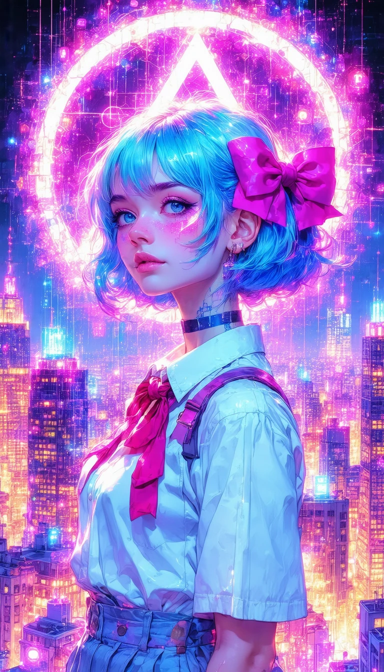 (cartoon vector art BREAKCORE ANIME color manga) iridescent woman with blue hair and a pink bow, wearing a white shirt with a red collar, standing in a futuristic cityscape. The womans's face is obscured by a triangular symbol, and she is surrounded by a network of pink and purple lines and symbols, creating a sense of depth and complexity. The background is a dark blue color, with a pink halo encircling her head.