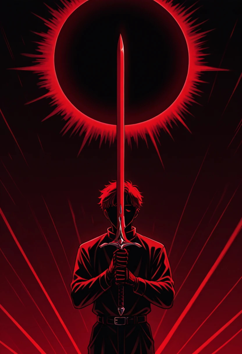 masterpiece, best quality, ,  <lora:Lines_Light_Background_Illustration:0.8>, (lines_light_background:1.2), 1boy solo, holding sword, dark theme, red theme, solar eclipse,