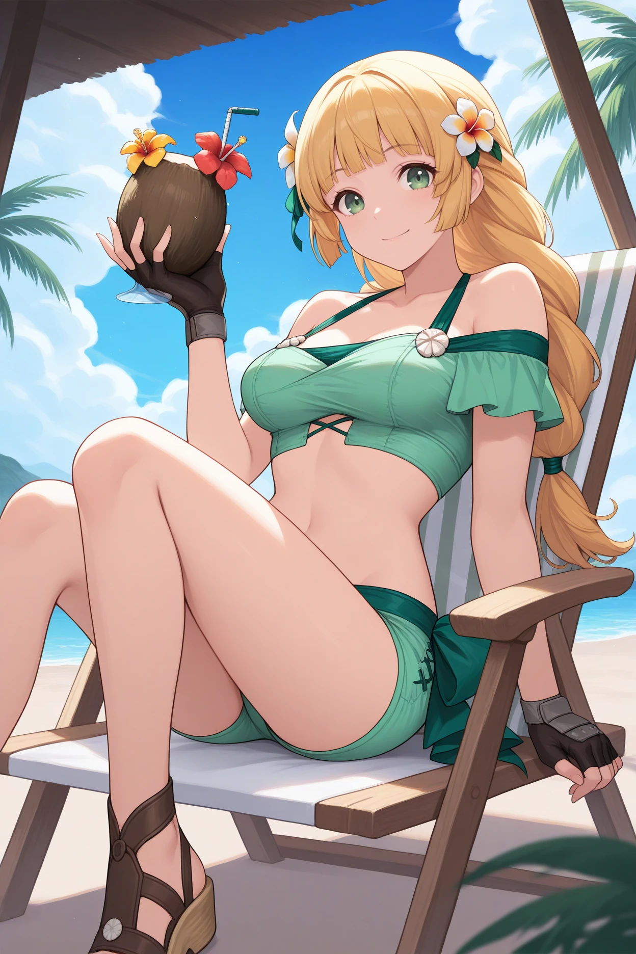 masterpiece, best quality, 1girl, solo, <lora:feingrid-illu-nvwls-v1-000005:1> suming, blonde hair, braided ponytail, long hair, blunt bangs, green eyes, hair flower, green bikini, off-shoulder bikini, bikini shorts, fingerless gloves, sandals, looking at viewer, sitting, holding tropical beverage, coconut shell, beach chair, blue sky, clouds, tropical island, medium breasts, happy