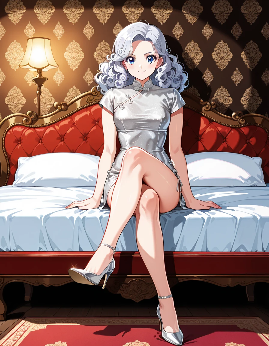 Retro game art hud_ch1na_dr3ss, silver dress, short dress, chinese clothes, solo, 1girl, long white curly hair, high heels, sitting, crossed legs, from side, looking at viewer <lora:hud_chinese_dress_illust:0.7>, Royal Victorian Bedroom, A grand four-poster bed draped in luxurious velvet, surrounded by ornate wallpaper and antique furnishings, exuding regal charm., smile, best quality, absurdres, masterpiece, amazing quality,  . 16-bit, vibrant colors, pixelated, nostalgic, charming, fun