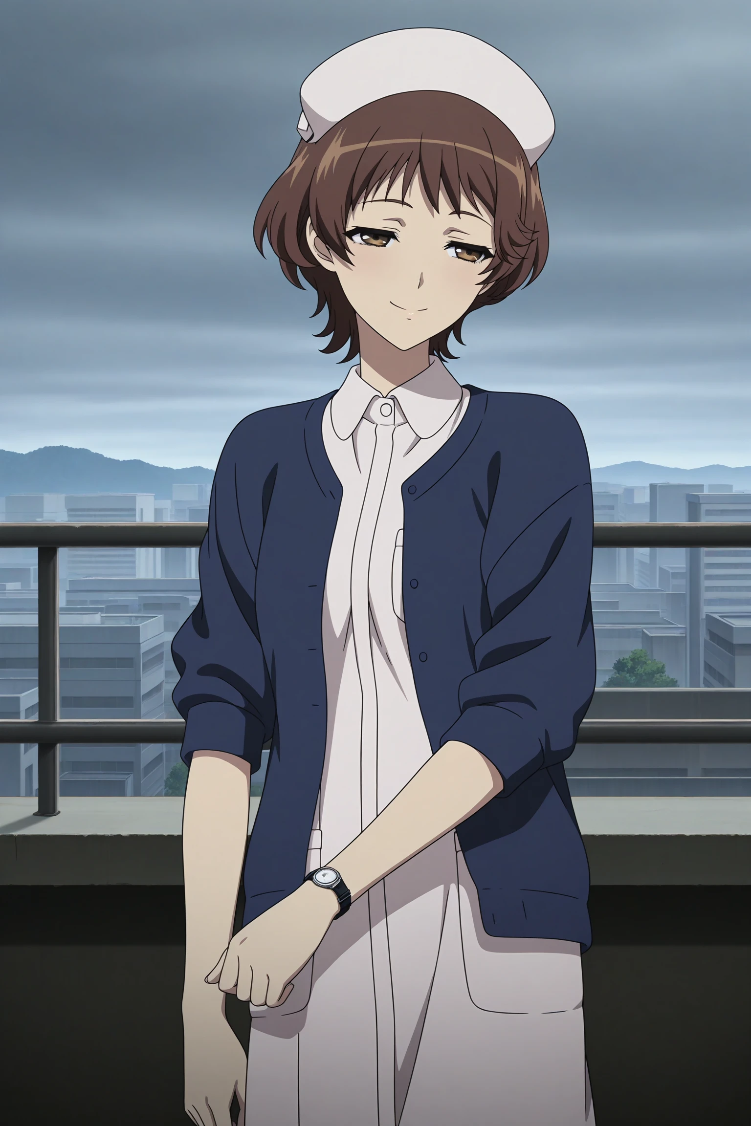 masterpiece, best quality, amazing quality, highres, absurdres, very aesthetic, high resolution, ultra detailed, perfect details, 1girl, solo, outdoors, rooftop mizuno sanae, brown hair, short hair, brown eyes, nurse, nurse cap, blue cardigan, open cardigan, white shirt, collared shirt, long shirt, wristwatch, sandals, <lora:Sanae_Mizuno_ILXL:0.8>, (aged up:1.4), (feet out of frame:1.2), (anime coloring:1.2), (anime screencap:1.2), smile, (vignetting:1.6), (pose:1.2), half closed eyes, (overcast:1.2), (turning head:1.4)