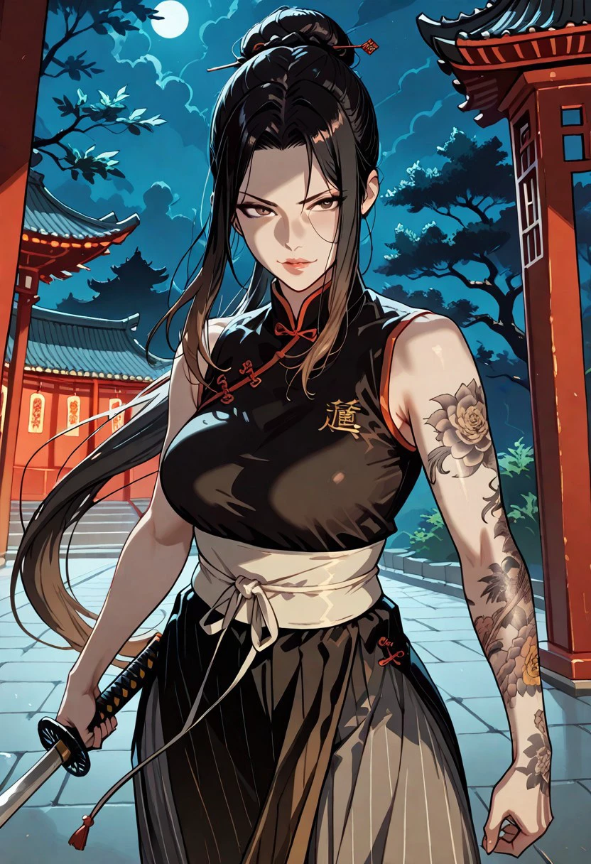 masterpiece, best quality, 32k, high resolution, absurdres, 1woman, mature woman,
Very long black hair, brown gradient hair, high hair bun, brown eyes, pale skin, medium breasts, full right arm tattoo, sleeveless_kimono, Chinese attire, detailed background, chinese temple, tough face, night, dynamic pose, shadows, posing, Standing, holding a sword, dark light, night,