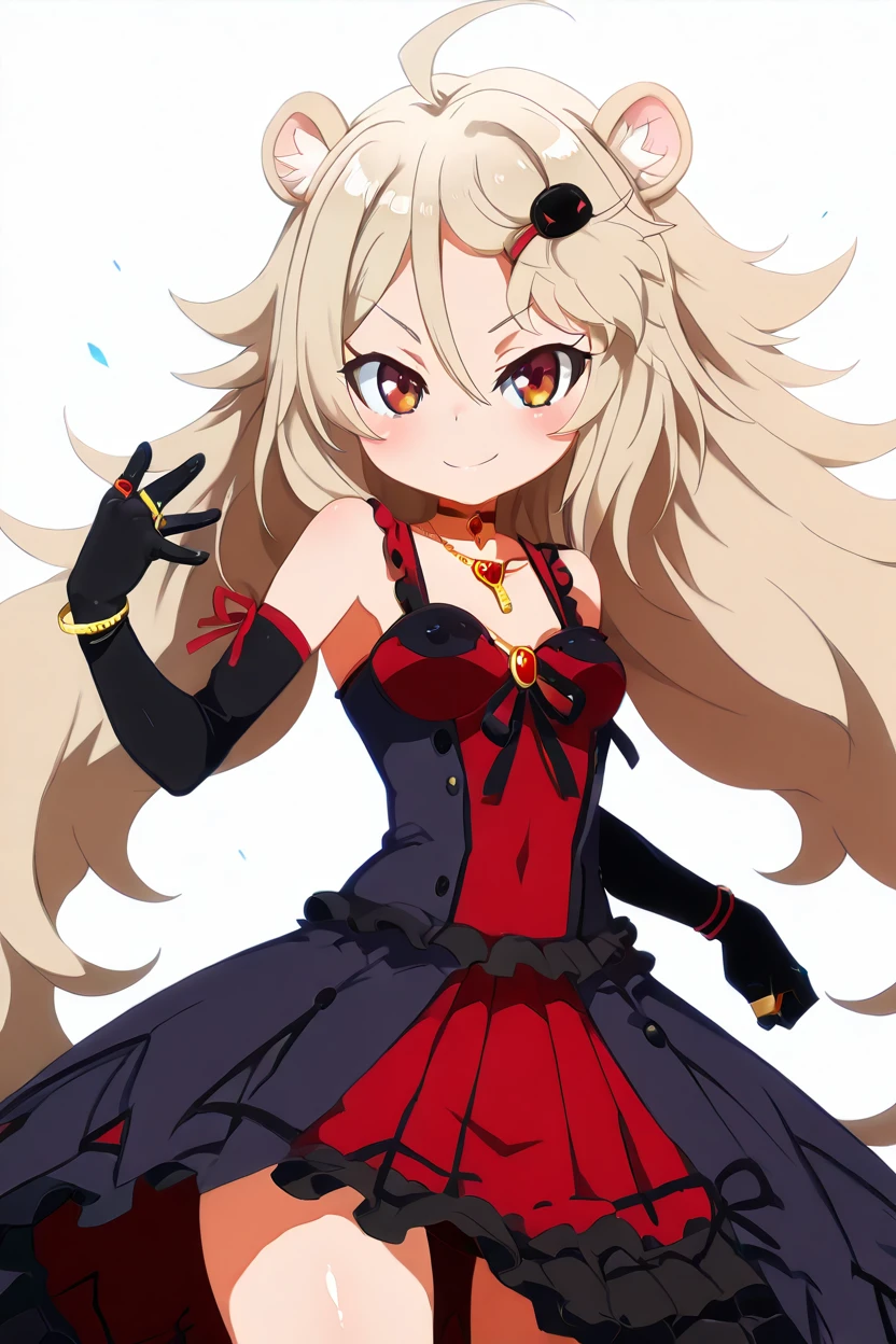 masterpiece, best quality, solo, curvy, beautiful eyes,zzAilane, red eyes, ahoge, blonde hair, grey hair, hair ornament, hairclip, long hair, hair between eyes, animal ears, animal ear fluff,  dress, ribbon, bare shoulders, jewelry, frills, choker, black gloves, elbow gloves, necklace, ring, cross, lion ears,  <lora:Ailane_ShowByRock_IXL:1.0>, dynamic pose, cowboy shot, smile, looking at viewer, shiny skin,<lora:HaradaTakehitoIXL_v3:1.3>, <lora:ZankuroIXLLight_v2:0.6>,