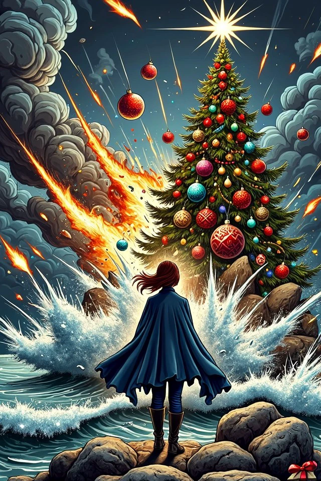 worxma style, smoke, ornaments, christmas tree, presents, explosion, illustration,
A lone man standing on a rocky shoreline, watching the waves crash against the rocks: The sky is dark and stormy, and the ocean is wild, with waves breaking dramatically against the shore. The wind blows fiercely as the woman stands tall, their cloak whipping in the wind. , 
Super grade narrative, Legendary narrative, Intricately depicted, In-depth description, 
<lora:War_On_Christmas_Flux:0.75>