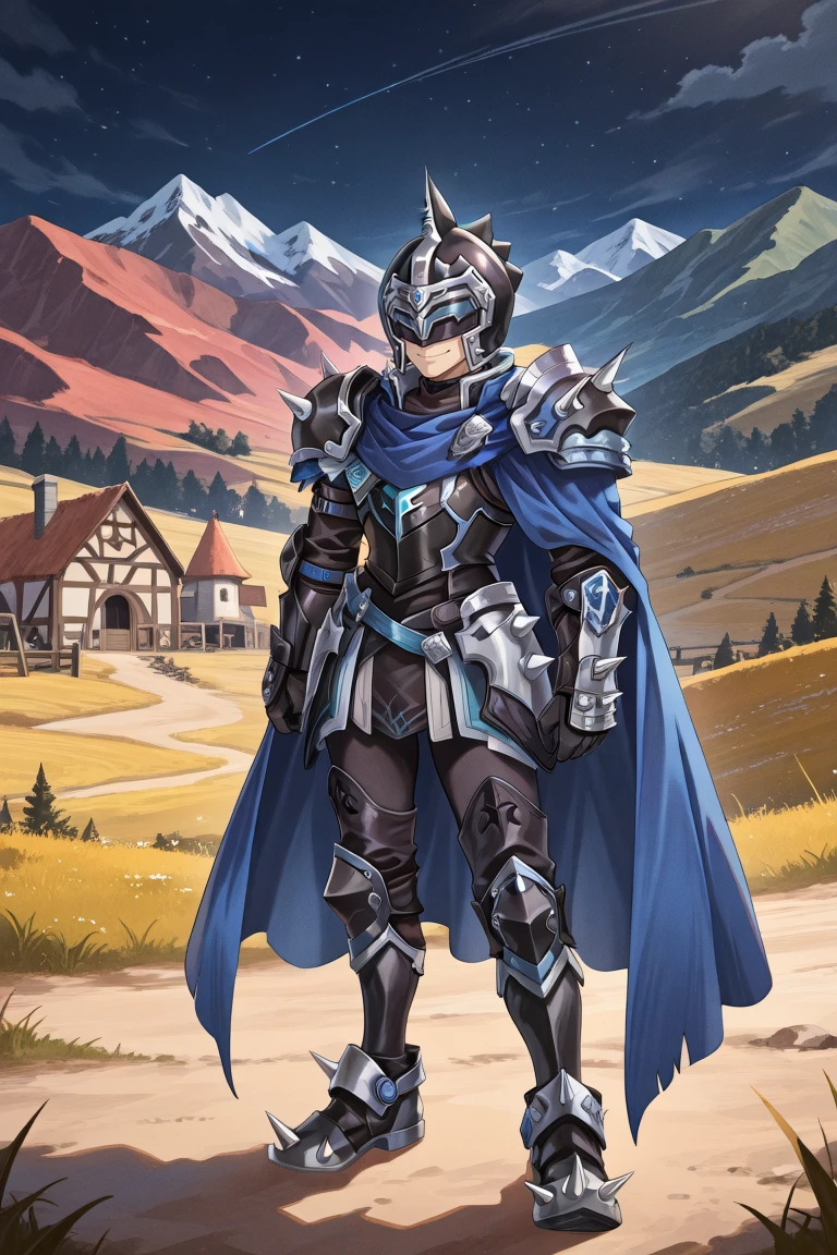 <lora:LeonIL:0.8> , LeDef, LeBK, 1boy, covered eyes, helmet, visor (armor), spikes, shoulder spikes, spiked armor, armor, black armor, black bodysuit, bodysuit under clothes, faulds, gauntlets, cape, blue cape, spiked footwear, armored boots, full body, wasteland, standing, exterior, night, mountain overlooking medieval village, smile, masterpiece, very aesthetic, absurdres, best quality, amazing quality, high resolution, <lora:illustrious_quality_modifiers_masterpieces_v1:0.8> , <lora:ChamIllustriousBackgroundEnhancer:0.5>,