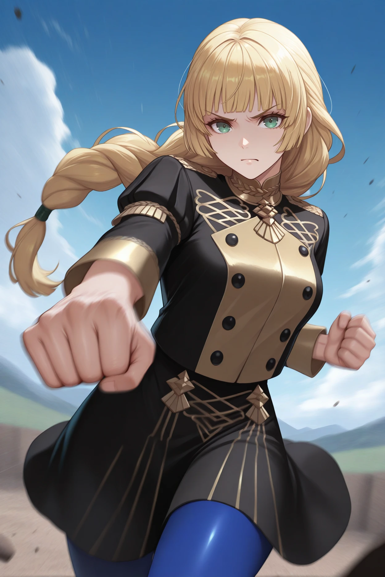 masterpiece, best quality, 1girl, solo, <lora:feingrid-illu-nvwls-v1-000005:1> dfing, blonde hair, braided ponytail, long hair, blunt bangs, green eyes, black and gold jacket, black buttons, black skirt, gold trim, blue pantyhose, incoming punch, fist, looking at viewer, annoyed, motion blur, motion lines, blue sky, clouds, clenched hands