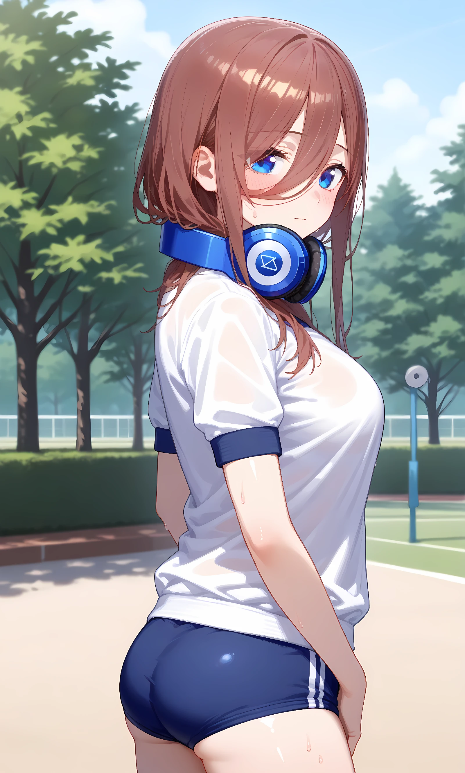 score_9, score_8_up, score_7_up, source_anime, 1girl, solo, outdoors, park, cowboy shot, looking at viewer, shiny skin, close-up, looking at viewer, nakano miku, brown_hair, long_hair, blue_eyes, hair_between_eyes, headphones, white shirt, short sleeves, gym uniform, buruma, sweat, from side  