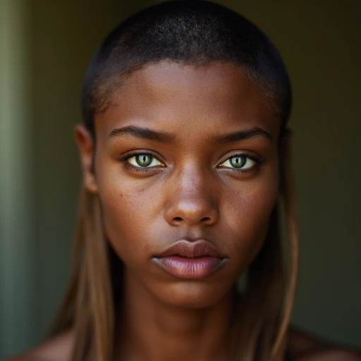 defined jawline and a firm, weather-beaten appearance., prominent nose. His hair is short and neatly trimmed, rich brown skin tone. She has a warm complexion with a smooth texture. Her eyes are a striking green, light brown hair that falls past his shoulders, with a piercing gaze directed straight at the camera. They have a small mole on the left side of their nose and a few freckles scattered across their cheeks and forehead., straight