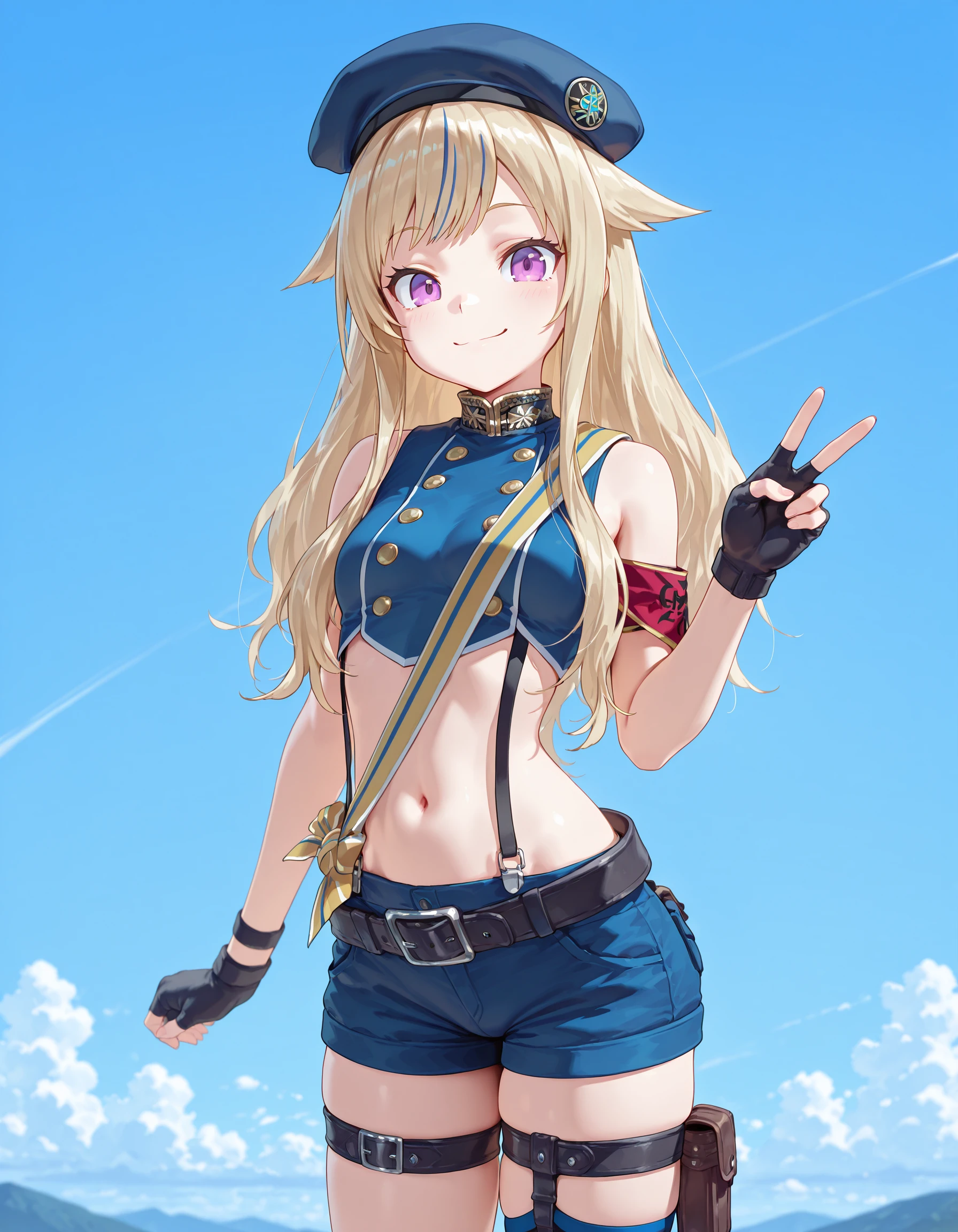 masterpiece, best quality, amazing quality,1girl, solo, portrait, blue sky, cowboy shot, smile, closed mouth, v,
<lora:Suzuki_Hina_Illustrious:1> suzuki hina, blonde hair, long hair, streaked hair, hair flaps, purple eyes, skinny, small breasts, , hat, beret, blue thighhighs, blue crop top, fingerless gloves, midriff, single thighhigh, sleeveless, suspender shorts, thigh straps, belt, pouch, single armband, sash, boots