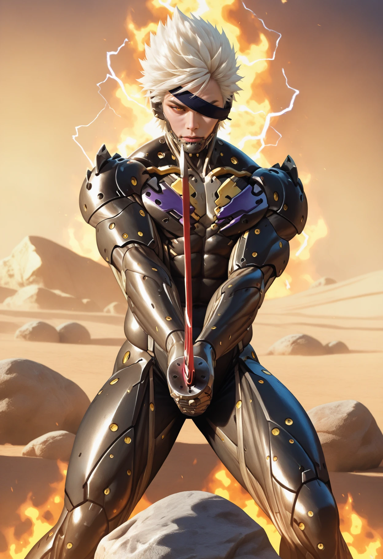 masterpiece, best quality, realistic, 
 <lora:RaidenMGRR_illusXLNoobAI_Incrs_v1:1> RaidenMGRDef, male focus, muscular male, white hair, spiked hair, short hair, cyborg, black bodysuit, eyepatch, one eye covered 
1boy, solo, 
 <lora:Lets dance [IL]:0.95> let's dance, holding weapon, katana, holding sword, red katana, electricity, 
sky, rock, boulder, desert, dawn, fire and smoke in background,