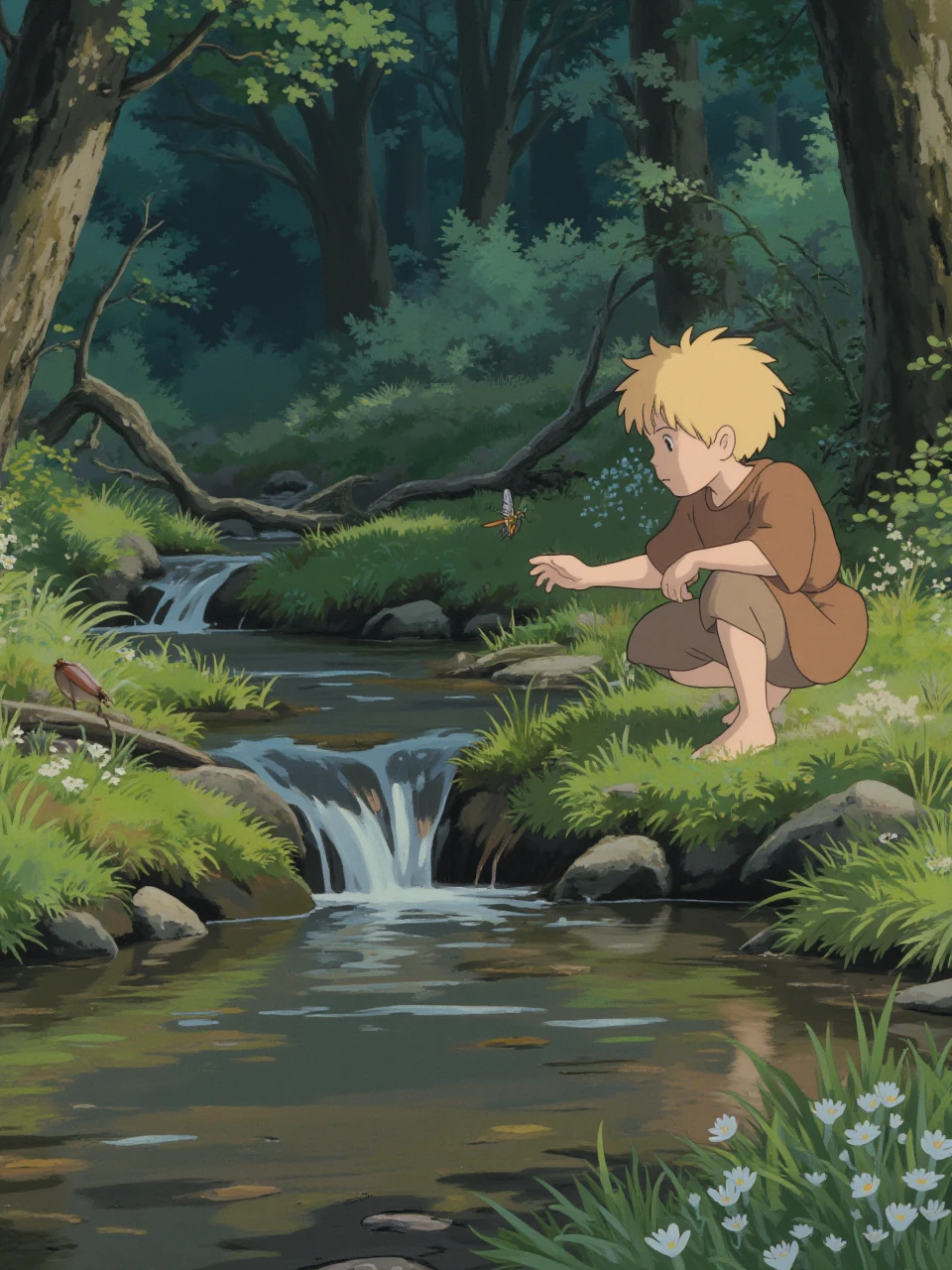 A curious boy with messy blonde hair and a brown tunic is kneeling beside a stream, watching as a tiny dragonfly hovers over the water. The stream is lined with green moss, and small flowers bloom on the banks. The forest is quiet, with the soft rustling of leaves in the wind. The scene is set during the early morning.
