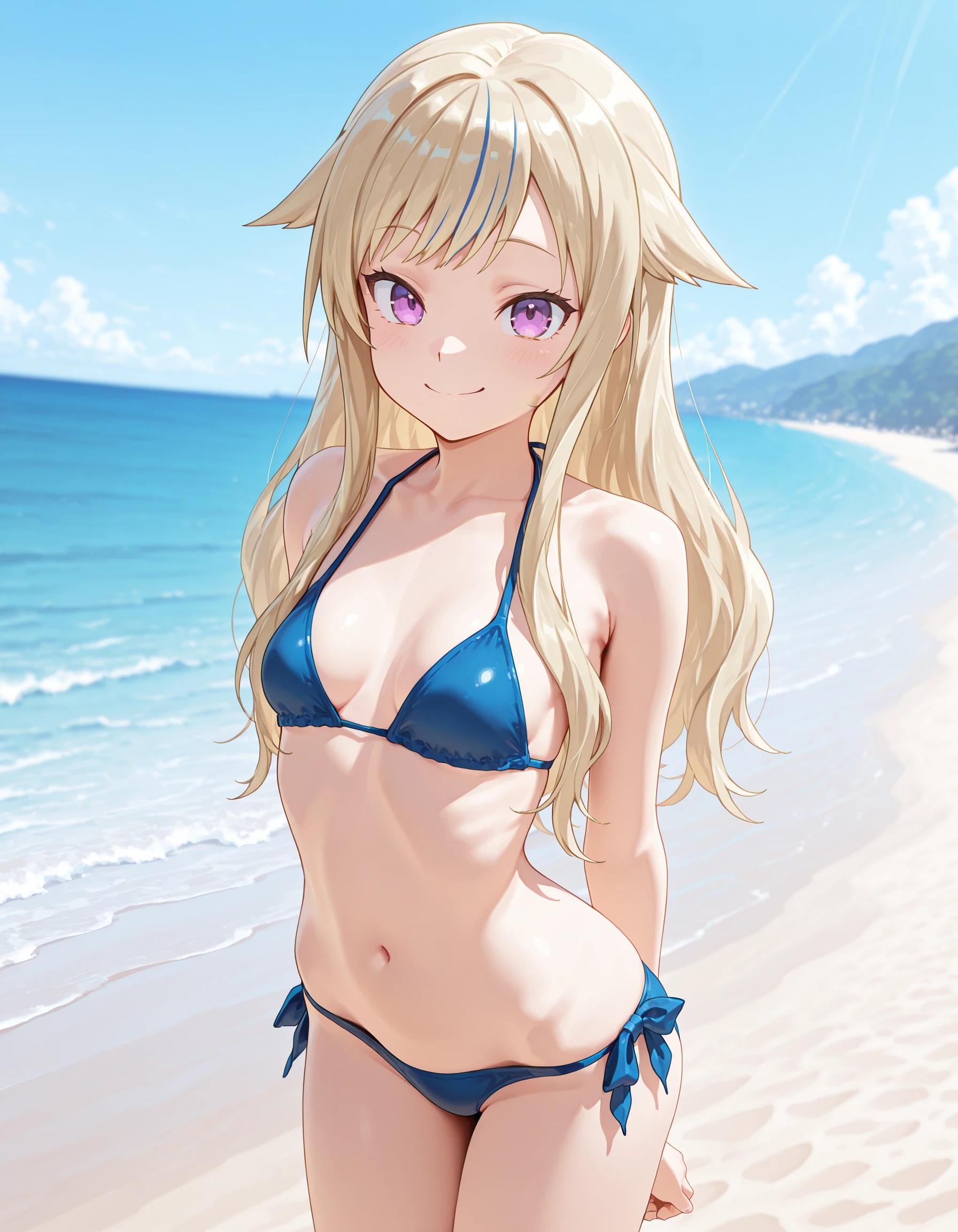 masterpiece, best quality, amazing quality,1girl, solo, outdoors, beach, posing, smile,
<lora:Suzuki_Hina_Illustrious:1> suzuki hina, blonde hair, long hair, streaked hair, hair flaps, purple eyes, skinny, small breasts, ,blue bikini,