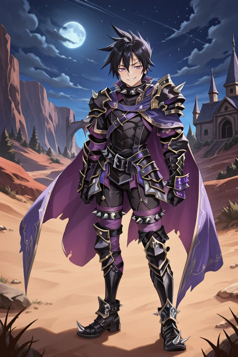 <lora:LeonIL:0.8> , LeDef, 1boy, purple eyes, scar on forehead, spiked hair, black hair, spiked collar, spikes, spiked armor, shoulder spikes, armor, black armor, faulds, purple faulds, gauntlets, black gauntlets, cape, purple cape, black bodysuit, bodysuit under clothes, spiked belt, greaves, black greaves, spiked shoes, spiked thighhighs, purple thighhighs, full body, smile, smug, night, bloodstained armor, exterior, wasteland, masterpiece, very aesthetic, absurdres, best quality, amazing quality, high resolution, <lora:illustrious_quality_modifiers_masterpieces_v1:0.8> , <lora:ChamIllustriousBackgroundEnhancer:0.5>,