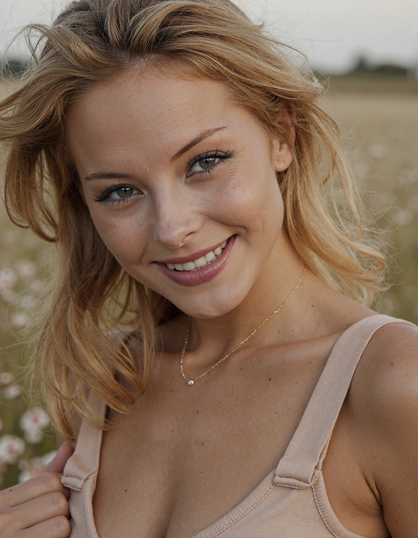 (from below:1.4), (best quality, masterpiece, highest detailed), (photorealistic:1.2), (detailed light:1.2), (Realistic skin texture:1.4), raw photo, beautiful elderly woman, 45 years old, blonde, slim build, large breasts, fully nude, posing in a field of flowers, smile, looking at the viewer, sunlight passing through her hair, (wet)