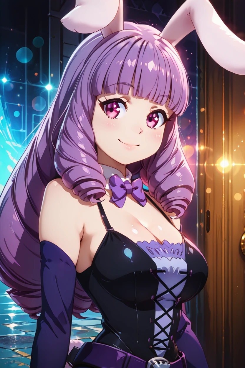 masterpiece, best quality, solo, curvy, beautiful eyes,zzChuchu, pink eyes, drill hair, long hair, purple hair, , animal ears, rabbit ears, blunt bangs, rabbit girl,  dress, bow, cleavage, detached sleeves, belt, bowtie, detached collar,  <lora:Chuchu_ShowByRock_IXL:1.0>, upper body, side view, smile, looking at viewer, shiny skin,<lora:RealisticAnimeIXL_v2:1.0>, shiny skin, bokeh, luminescent background,