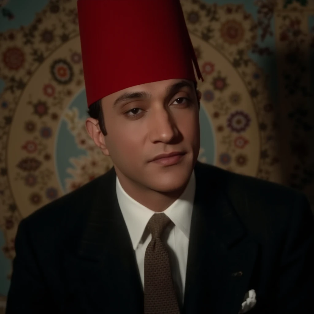 cinematic film still of  <lora:Abdelwehab v2:1>
Mohammed Abdel Wahab a closeup of a young man in a red fez tarboosh:1 hat and tie posing for a picture with Arabic and English text above, Mehammad Abdelwehab style, solo, shirt, black hair, hat, closed mouth, white shirt, necktie, collared shirt, black eyes, character name, black jacket, black headwear, formal, suit, portrait, black necktie, jacket, artist name, parody, meme, real life insert, shallow depth of field, vignette, highly detailed, high budget, bokeh, cinemascope, moody, epic, gorgeous, film grain, grainy